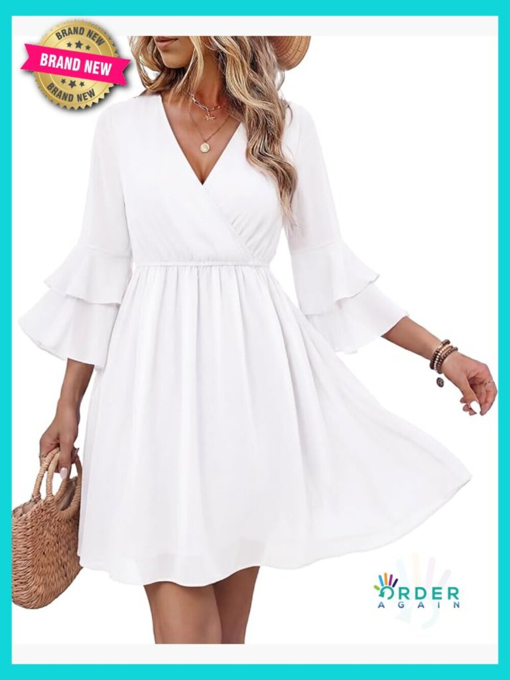 3/4 Ruffle Sleeve Flowy Chiffon A-Line Dress V-Neck Wrap Midi Dress - Picture 1 of 7